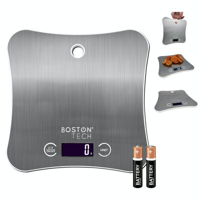 BÁSCULA DE COCINA DIGITAL PARA FRUTAS Y ALIMENTOS. ALTA PRECISIÓN PANTALLA LCD, ACERO INOXIDABLE IMPERMEABLE, FUNCIÓN TARA, BATERÍAS INCLUIDAS CAPACIDAD 5 KG MODELO HK 106 RECETARIO DESCARGABLE