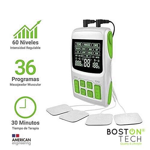 ELECTROESTIMULADOR DIGITAL MASAJE EMS TENS, PANTALLA LCD, 2 CANALES, 4 ELECTRODOS AUTOADHESIVOS