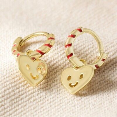 Pendientes de aro Huggie con cara de corazón rojo y dorado