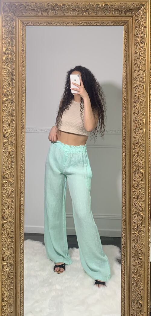 Pantalon en Lin uni taille haute avec élastique à la taille