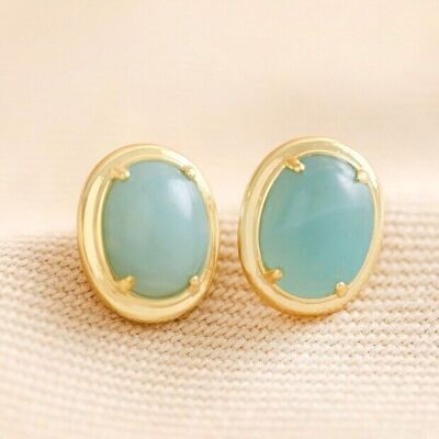 Blue Oval Semi-Precious Stone Stud Earrings in Gold