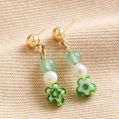 Orecchini pendenti con perline a fiore verde Millefiori