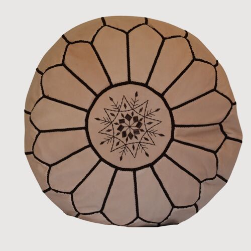 Moroccan Leather Beige Pouf black embroidery Unstuffed