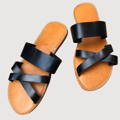 Griechische Boho-Chic-Sandalen aus marokkanischem Leder in Schwarz