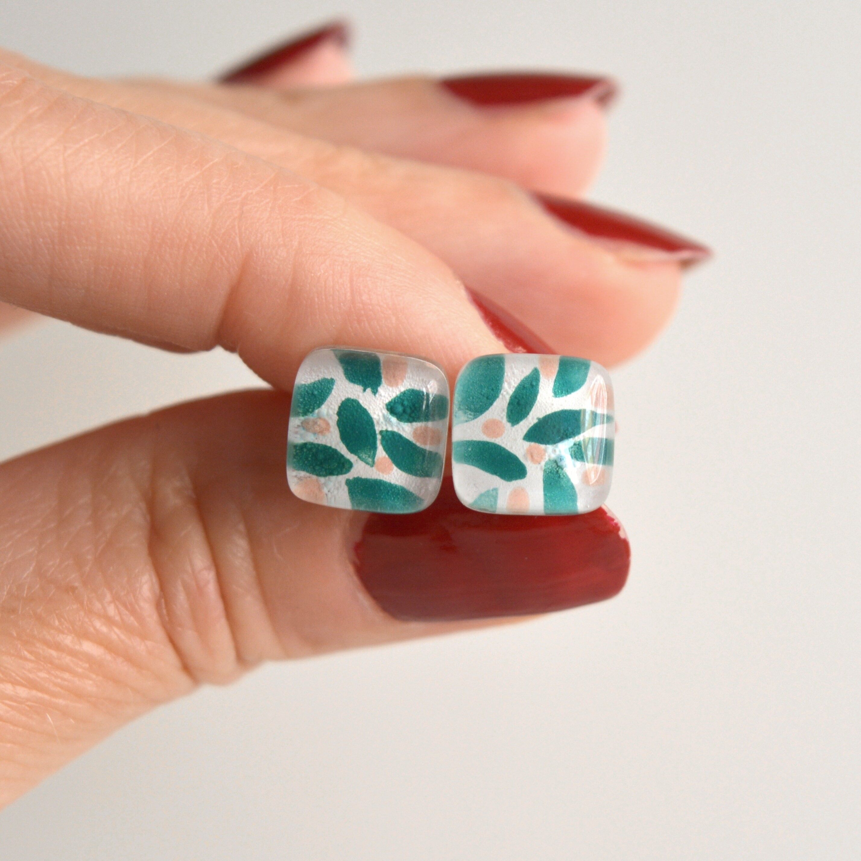 Glass Stud Earrings, Green Leaves, Sustainable Jewelry