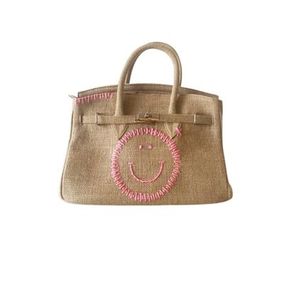 Elegante borsa in iuta stile Birkin con ricamo di smiley