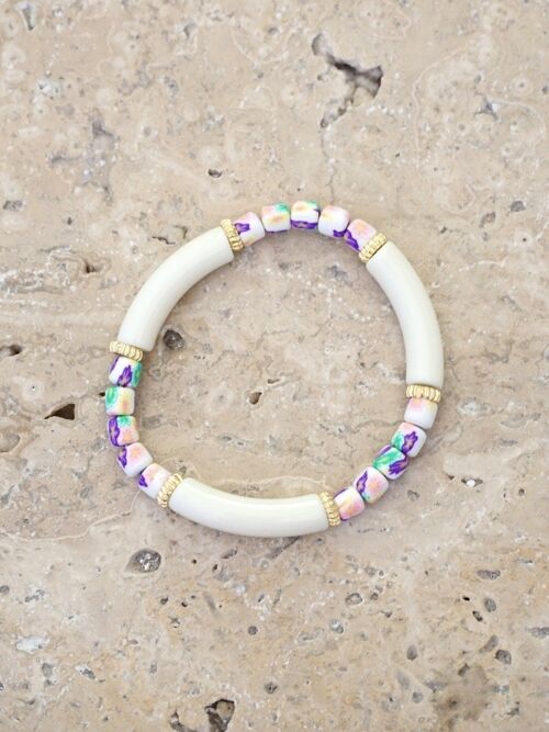 Bracelet perles tube FEDI - Blanc/Fleurs