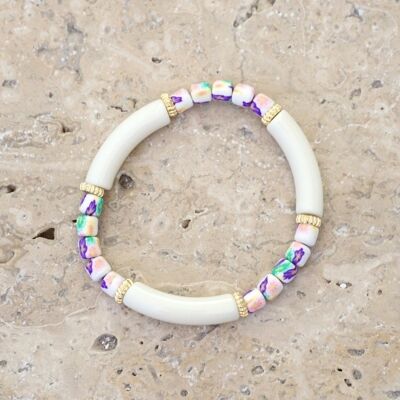 Bracelet perles tube FEDI - Blanc/Fleurs