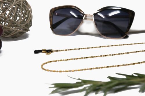 Feine Goldene Brillenkette ARUBA soleash®, Hochwertige Handarbeit, Ovale Kugelkette aus Edelstahl mit Goldplattierung