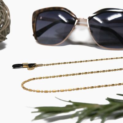 Feine Goldene Brillenkette ARUBA soleash®, Hochwertige Handarbeit, Ovale Kugelkette aus Edelstahl mit Goldplattierung