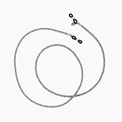 Graues Brillenband TARGET soleash®, Handarbeit, Brillenkette in 3mm, Grau-Silber-Weiß