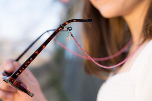 Pinkes Brillenband BUBBLEGUM soleash®, Handarbeit, Feine Brillenkette in 2mm, Pink-Hellblau