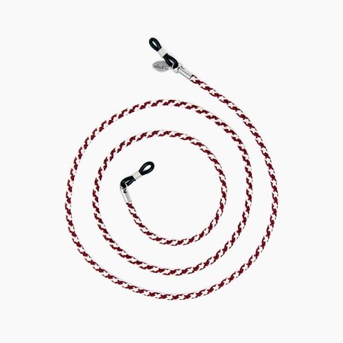 Weinrotes Brillenband BURGUNDY soleash®, Handarbeit, Brillenkette in 3mm, Weinrot-Weiß