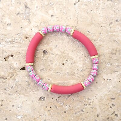 Bracelet perles tube FEDI - Fuschia/Fleurs