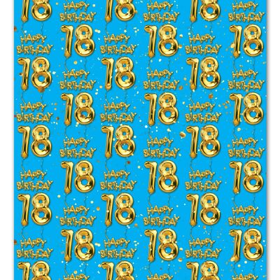 18 Gold Blue Balloon Gift Wrap - 18th Birthday **Pack of 2 Sheets Folded**