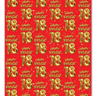 18 Gold Red Balloon Gift Wrap - 18th Birthday **Pack of 2 Sheets Folded**