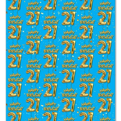 21 Gold Blue Balloon Gift Wrap - 21st Birthday **Pack of 2 Sheets Folded**