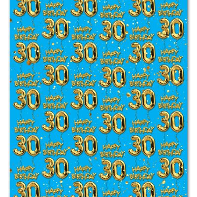 30 Gold Blue Balloon Gift Wrap - 30th Birthday **Pack of 2 Sheets Folded**