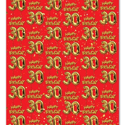 30 Gold Red Balloon Gift Wrap - 30th Birthday **Pack of 2 Sheets Folded**