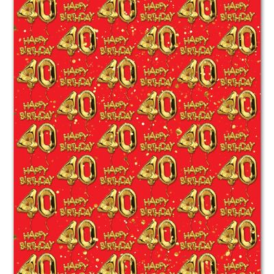 40 Gold Red Balloon Gift Wrap - 40th Birthday **Pack of 2 Sheets Folded**