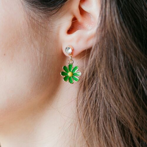 Green Daisy Sun Flower Zircon Dangle Drop Summer Floral Handmade Stud Earrings