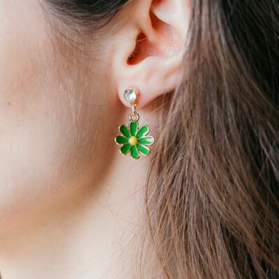 Grüne Gänseblümchen-Sonnenblumen-Zirkon-Ohrringe, handgefertigte Ohrstecker mit Sommer-Blumenmuster