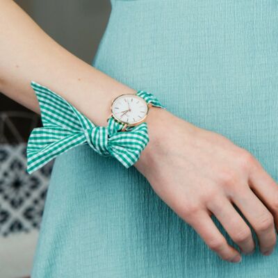 Grüne karierte Stoff-Armbanduhr mit wechselbarem Baumwoll-Krawattenknoten und Genfer Boho-Armbanduhr