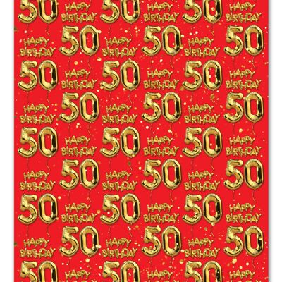 50 Gold Red Balloon Gift Wrap - 50th Birthday **Pack of 2 Sheets Folded**