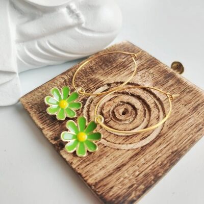 Green Sunflower 30mm Multicolour Boho Floral Charm Dainty Huggie Hoop Earrings