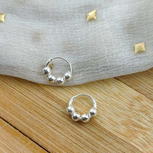 Pure Silver Four Ball Small Tiny Bali Steampunk Dainty Statement Hoop Earrings