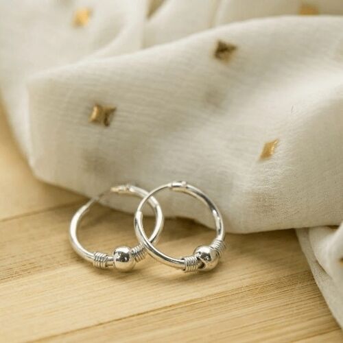 Pure Silver Large Ball Bali Asian Tiny Lightweight Dainty Unisex Hoop Earring