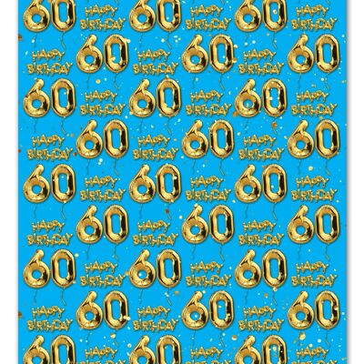 60 Gold Blue Balloon Gift Wrap - 60th Birthday **Pack of 2 Sheets Folded**