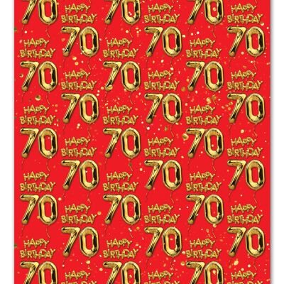 70 Gold Red Balloon Gift Wrap - 70th Birthday **Pack of 2 Sheets Folded**