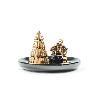 HV Candleholder Xmas tree and house - 15x15x11 cm - Black/Gold
