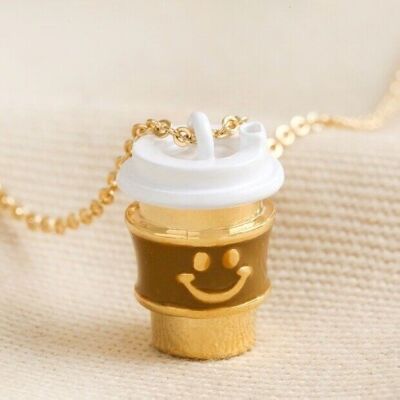 Smiley Coffee Cup Pendant Necklace in Gold
