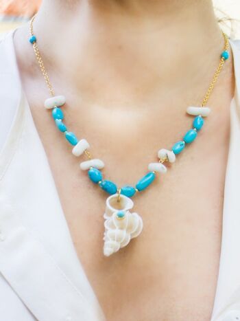 Collier Turquoise & Corail Avec Coquillage Wentletrap 3