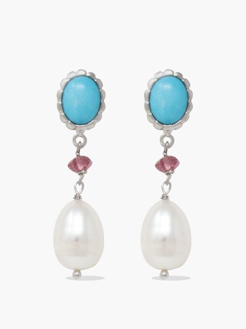 Turquoise, Pink Quartz & Pearl Drop Earrings