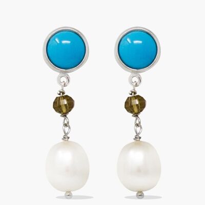 Turquoise, Smoky Quartz & Pearl Drop Earrings