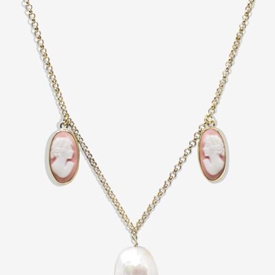 Collar de perlas y camafeo rosa chapado en oro Medea