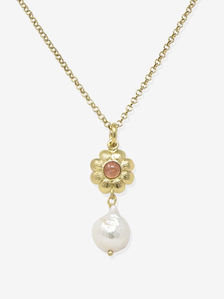 Vergoldete rosafarbene Turmalin-Halskette mit Mini-Blume