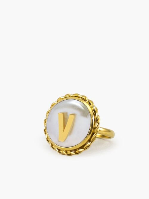 Moonglow Gold-Plated Initial V Pearl Ring