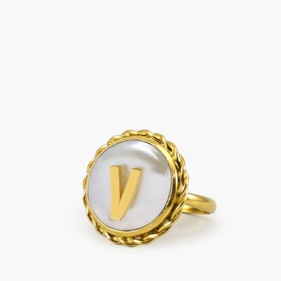 Moonglow Gold-Plated Initial V Pearl Ring