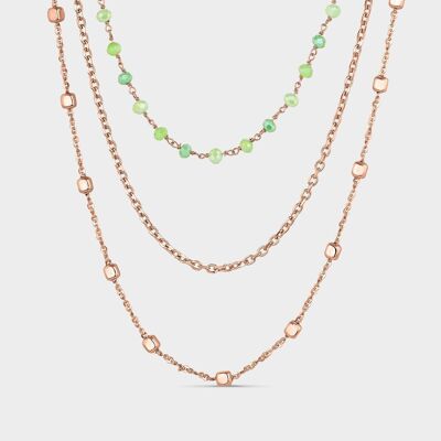 Collana tripla in oro rosa con cubetti di giada verde