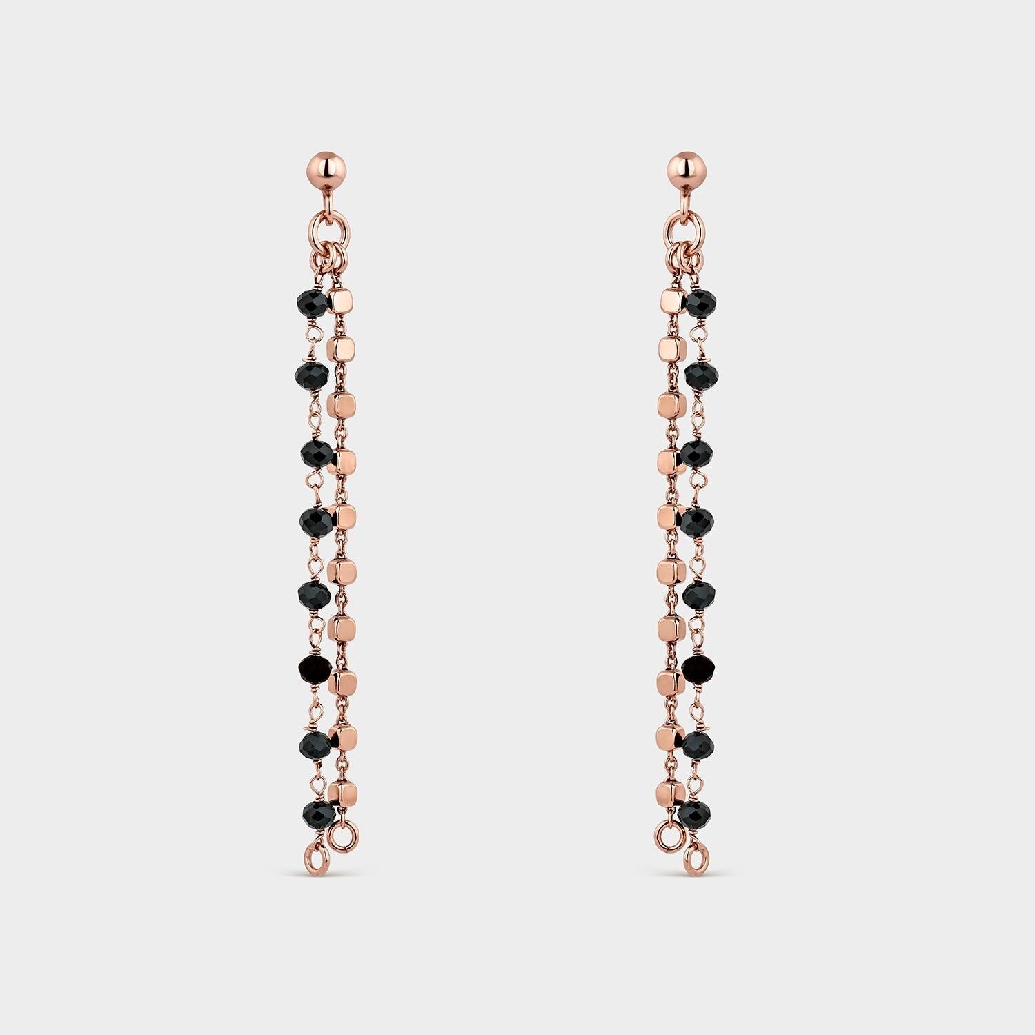 Pendientes dos cadenas oro rosa y onix negro