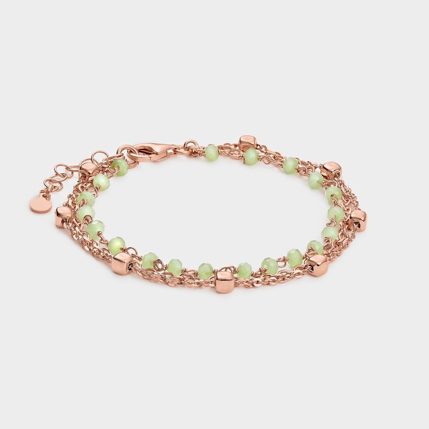 Bracciale triplo in oro rosa con cubetti di giada verde