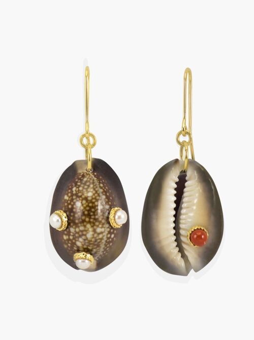 Pearls & Coral Dark Cowrie Shell Earrings