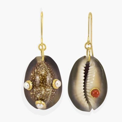 Dunkle Kauri-Muschel-Ohrringe mit Perlen und Koralle