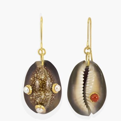 Boucles d'Oreilles Perles & Corail Cauri Foncé