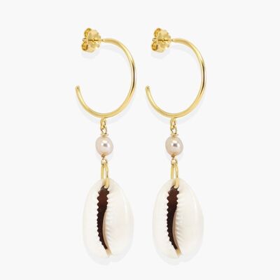 Pearls & Cowrie Shell Hoop Earrings