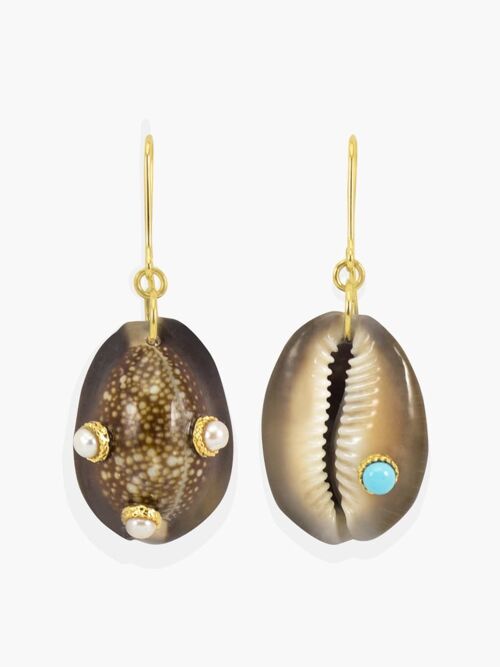 Pearls & Turquoise Dark Cowrie Shell Earrings